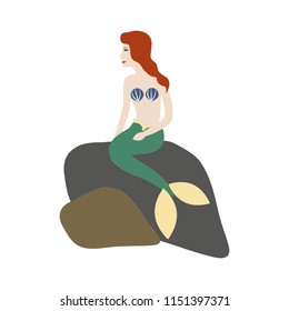 Mermaid cute girl sitting on the rock, cartoon vector colorful illustration isolated on white background, danish symbol, decorative flat marine icon for travel design, greeting cards, advertising