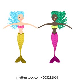 Mermaid cute girl vector illustration. Cartoon young mermaid girlfriends.