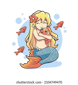 mermaid cute hug clown fish vector illustration design