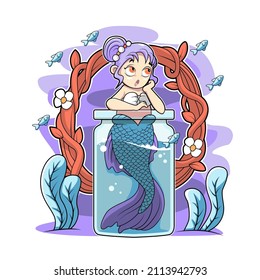 mermaid cute lovely on the bottle vector illustration design