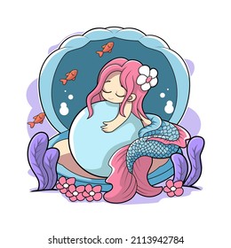 mermaid cute lovely playing with a pearl vector illustration design