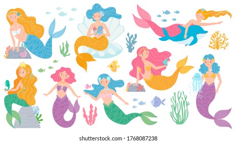 Mermaid. Cute mythical princess, little mermaids and dolphin, seashell and seaweeds, fishes and corals underwater game vector characters. Fairytale girls with colorful hair for fabric print