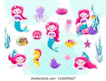 Mermaid cute stickers, cartoon little princess patch. Vector illustration. Fun sea character design isolated on white background. Cool hand drawn elements fish, octopus, seahorse, jellyfish, pearl