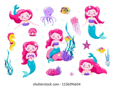 Mermaid cute stickers, cartoon little princess. Vector illustration. Fun sea character design isolated on white background. Cool hand drawn elements fish, octopus, coral, seahorse, jellyfish, pearl