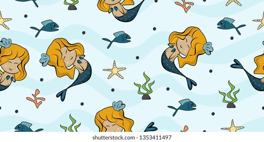 Mermaid design hand drawn seamless pattern cute drawing