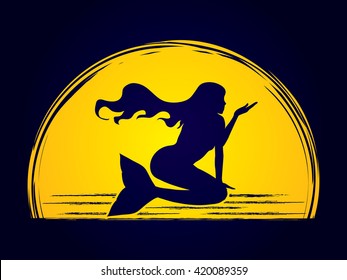 Mermaid designed on moonlight background graphic vector.