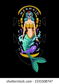 Mermaid in dia de los murtos face style illustration template