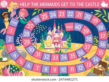 Mermaid dice board game for children with cute sea princess and castle. Marine boardgame with seaweeds, fish, treasure chest.  Fairytale ocean kingdom printable activity or worksheet