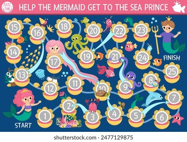 Mermaid dice board game for children with cute sea princess, prince. Marine boardgame with seaweeds, fish, numbers in seashells.  Fairytale ocean kingdom printable activity, worksheet