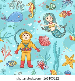 Mermaid and diver seamless pattern. Vector cartoon background.