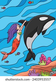 Mermaid and a Dolphin Colored Cartoon Illustration