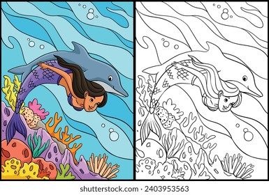 Mermaid and Dolphin Coloring Page Illustration