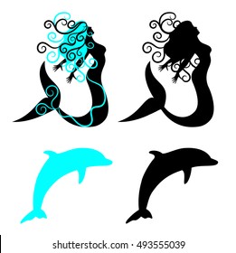 Mermaid and dolphin. Design of mermaid and dolphin, two color and black.