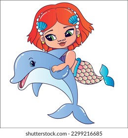 The mermaid and the dolphin. Flat vector cartoon for children.