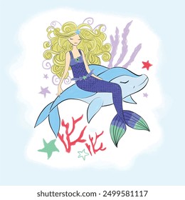 mermaid and dolphin illustration. girl tshirt pattern design and more