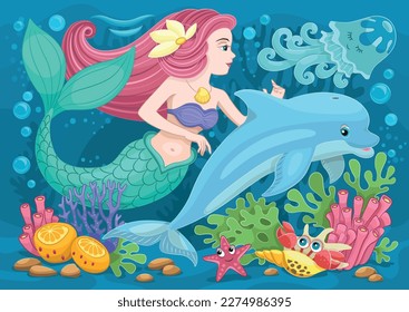 Mermaid and dolphin illustration. Underwater world vector. Little mermaid cartoon.