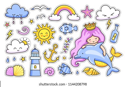 Mermaid and dolphin  Sun  clouds  rainbow  anchor  lighthouse  sea shell  starfish  Collection vector funny sea stickers  