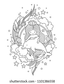 Mermaid and dolphin, surrounded by clouds and seaweed. Outline vector illustration for coloring book.
