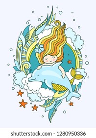 Mermaid with dolphin, surrounded by seaweed, clouds, starfish. Hand-drawn vector illustration. Poster, print, invitation, banner, postcard, card.