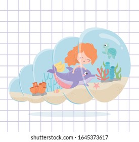 mermaid dolphin turtle coral reef sand cartoon under the sea grid background vector illustration