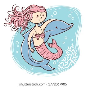 Mermaid and dolphin vector illustration