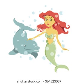 Mermaid and Dolphin Vector Illustration Fantasy Cartoon Character