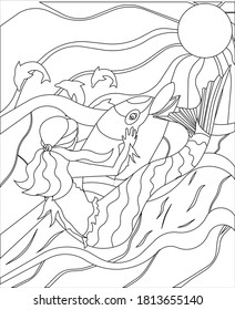 Mermaid, dolphins, sea made as black outlined vector illustration on white isolated background for making coloring books or using as decor of note and sketchbooks, prints, stickers, stencils.