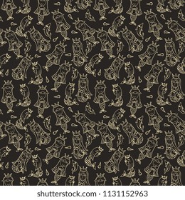 Mermaid doodle seamless pattern. Black and white line art cartoon vector illustration.