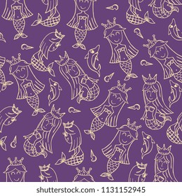 Mermaid doodle seamless pattern. Purple and white line art cartoon vector illustration.