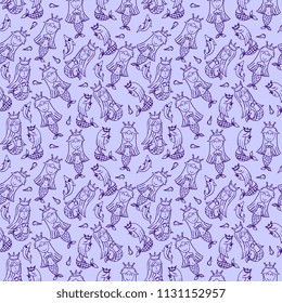 Mermaid doodle seamless pattern. Purple and white line art cartoon vector illustration.