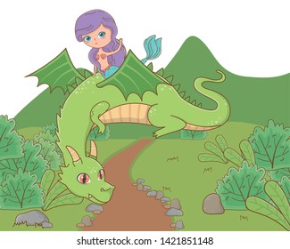 Mermaid and dragon of fairytale design vector illustration