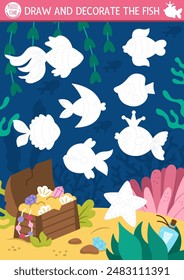 Mermaid drawing, writing, tracing, coloring activity for kids with sea animals, underwater background. Draw, decorate fish. Ocean kingdom preschool printable activity. Marine fairytale game, puzzle
