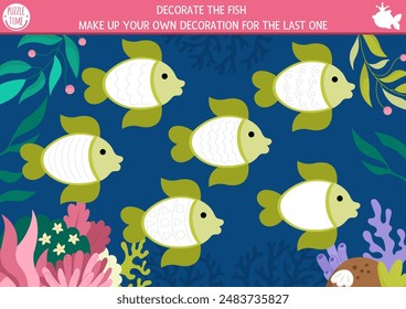 Mermaid drawing, writing, tracing, coloring activity for kids with sea animals, underwater background. Decorate the fish. Ocean kingdom preschool printable activity. Marine fairytale game, puzzle
