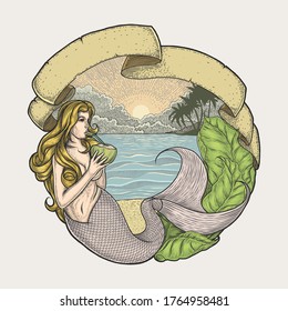 mermaid drinking coconut on tropic beach hand drawing vintage vector illustration