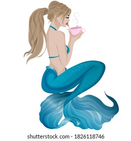 Mermaid drinks from a mug of coffee. Vector art.