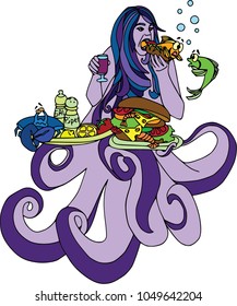 Mermaid eating lunch. Cartoon characters, food and drinks, set