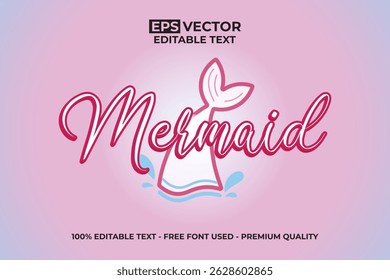 Sereia efeito de texto editável com a cauda da sereia e bolha bonito no tema rosa