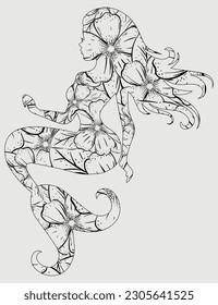Ilustración vectorial de la página de coloreado elegante de la Sirena, página de libro de colorantes de la Hermosa Sirena, Sirena de patrón floral aislada.