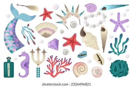 Mermaid elements set. Magical undersea world, seashell, starfish, corals and seaweed. Underwater fairy marine creatures living in the ocean. Flat vector illustration