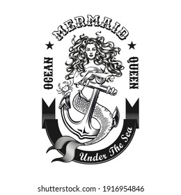 Mermaid emblem design. Monochrome element with girl with fishtail and anchor vector illustration with text. Sea or sailing concept for symbols and labels templates