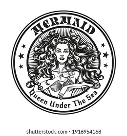 Mermaid emblem or stamp design. Monochrome element with girl in seashell bra vector illustration with text. Sea or sailing concept for symbols and labels templates