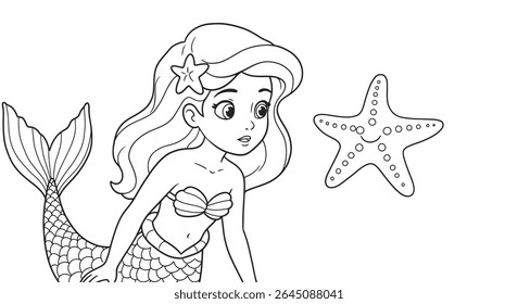 Mermaid Examining Simple Starfish Outline Coloring Page Whimsical Sea Creature Encounter For Young Colorists
