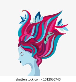 Mermaid face vector. Mermaid hand draw illustration.
Fantastic girl with blue and pink hair.