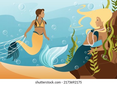 Mermaid family. An adult mermaid leans on a rock with a lot of algae, and a young mermaid swims along the ocean floor, holding a fishing net in her hand. Vector illustration of mythology.