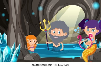 Mermaid family in the cave scene illustration