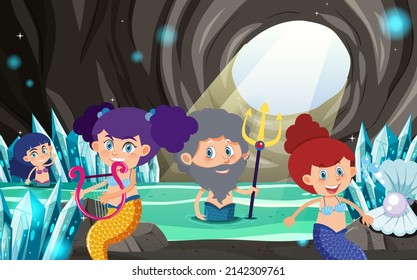 Mermaid family in the cave scene illustration