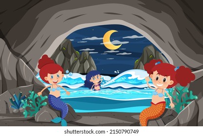 Mermaid family in the cave scene illustration