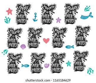 Mermaid family collection. Typography design for girl birthday party. Modern calligraphy phrases with hand drawn mermaid tails, starfish, shell, anchor. Vector lettering for shirt print and poster.