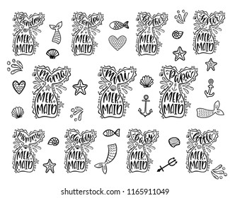 Mermaid family collection. Typography design for girl birthday party. Modern calligraphy phrases with hand drawn mermaid tails, starfish, shell, anchor. Vector lettering for shirt print and poster.