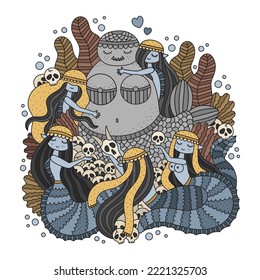 Mermaid family with statue of mother fish. Goddess of the sea and ocean creatures. Cute little underwater girls. Funny poster for adults. Fantasy cartoon vector illustration. Isolated on white